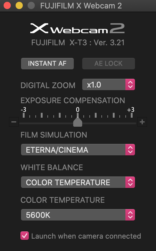 Fujifilm X Webcam 2 Control Window
